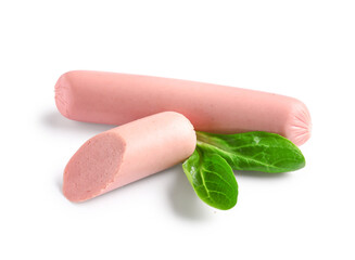Tasty thin sausages with spinach on white background