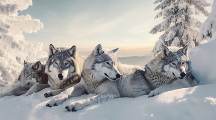 Pack of Wolves in the Winter made with Generative AI Technology