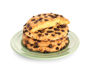 Plate with tasty cookies on white background