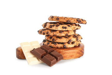 Wooden board with cookies and chocolate on white background