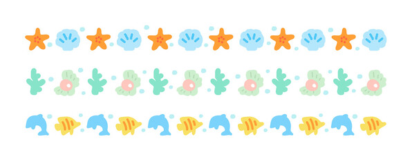 A set of cute hand-drawn illustration borders with the concept of summer sea. Whales, fish, seaweed, starfish, shells, pearls, and coral objects are repeated in a continuous pattern.