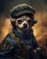 Chihuahua dog dressed in a military outfit, generative ai