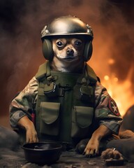 Chihuahua dog dressed as a military soldier, generative ai