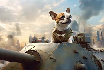 Chihuahua dog driving a tank, generative ai
