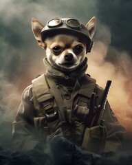 Chihuahua dog dressed as a military soldier, generative ai