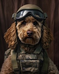 Labradoodle Dog dressed as a military soldier, generative ai