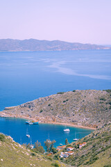 Obraz premium Top view of a small beach in Hydra a Greek island 