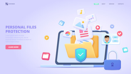 Personal files security, safe file storage, access to files in cloud, encrypted folder. 3d design concept for landing page. Three dimensional vector illustration for website, banner.