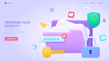 Personal files security, safe file storage, access to files in cloud, encrypted folder. 3d design concept for landing page. Three dimensional vector illustration for website, banner.