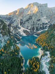 Vertical shot of Lake Braies in South Tyrol, Italy.