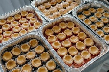 Top view of delicious egg tart on tray, Chinese cuisine