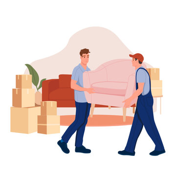 Transport and delivery company services. Two professional relocation service workers move the chair in the flat.