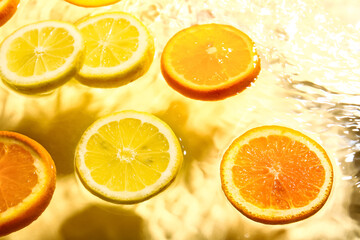 Slices of fresh orange and lemon in water on yellow background