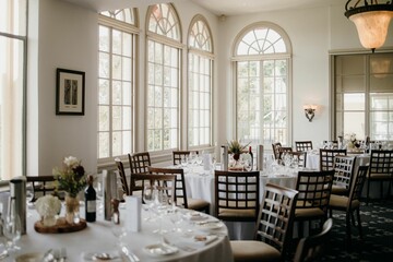 Fototapeta na wymiar Beautiful hall with empty tables ready for a wedding event