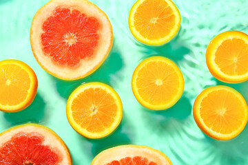 Fototapeta na wymiar Slices of fresh orange and grapefruit in water on turquoise background