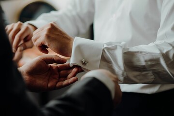 Closeup shot of a groomsman fixing his cufflinks at a wedding