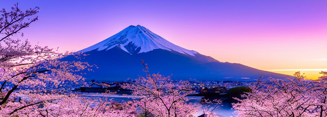 beautiful landscape of mount fuji in autumn at sunset panorama style in high resolution - obrazy, fototapety, plakaty