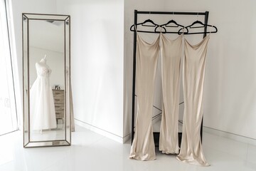 Beautiful minimalistic shot of a bridge and bridesmaid dresses