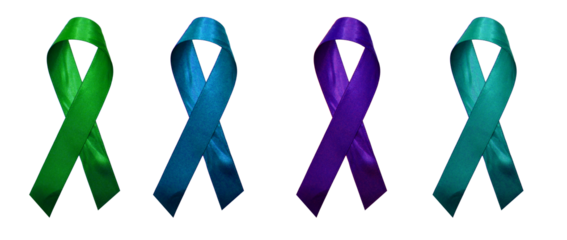 A set of four cool-toned ribbons isolated on a blank background