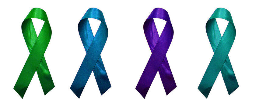A set of four cool-toned ribbons isolated on a blank background