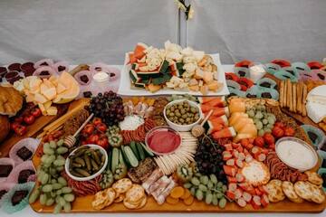 Close-up shot of a buffet table with different snacks