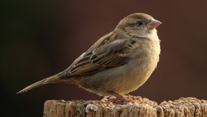 Closeup of a cute House sparrow bird perched on the wood
