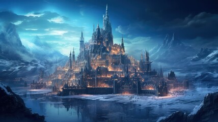 Fototapeta na wymiar Fantasy Illustration of a Gigantic Ice Citadel in the Mountains. Generative AI.