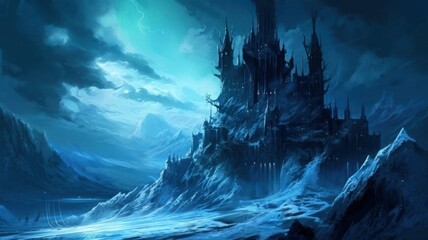 Fototapeta premium Fantasy Illustration of a Gigantic Ice Citadel in the Mountains. Generative AI.