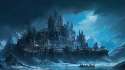 Fantasy Illustration of a Gigantic Ice Citadel in the Mountains. Generative AI.
