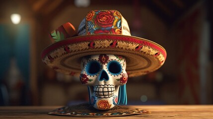 A beautiful background with mexican skull with hat. Generative AI.