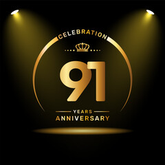 91th year anniversary celebration logo design with gold color number and ring, logo vector template