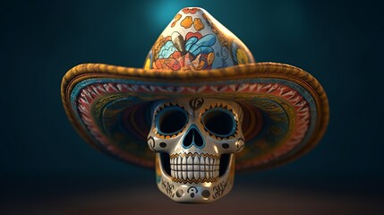 Naklejka premium A beautiful and colorful mexican skull with hat. Day of Dead Party. Mexican Culture. Create with generative ai.