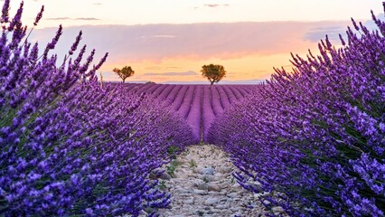 Low-angle view of a rocky path surrounded by beautiful lavender flowers