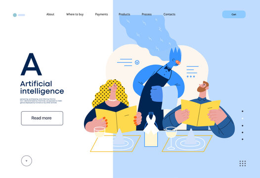 Artificial intelligence, Waiter -modern flat vector concept illustration of waiter AI taking order, giving advice on choosing in restaurant. Metaphor of AI advantage, superiority and dominance concept