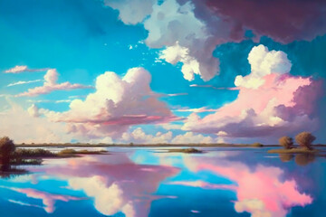 Beautiful pastel color dream-like landscape and sky with cloud. Vivid color Cloudscape. Heaven, zenith, animation style. There are huge river or pond with reflection in image.  Made with Generative AI