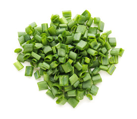 Slices of fresh green onion on white background