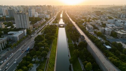 Scenic shot of the sun setting over the City Wall of Xi'an City in Shaanxi Province, China - obrazy, fototapety, plakaty