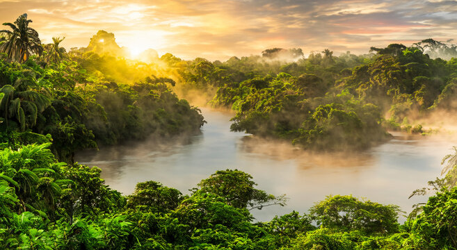 beautiful amazon river with white mist