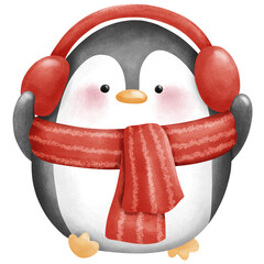 Hand drawn watercolor merry Christmas penguin.  New year greeting decoration.