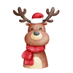 Hand drawn watercolor merry Christmas reindeer.  New year greeting decoration.