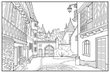 Illustration of street in a medieval French town. Fairyland kingdom. Black and white page for kids coloring book. Worksheet for drawing and meditation for children and adults. Ancient architecture.
