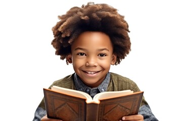 Portrait of a smiling black 7 years old boy reading a book isolated on white background. Generative AI.