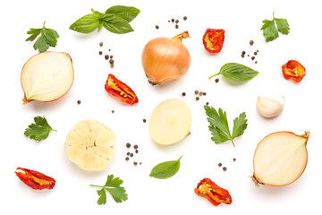 Composition with fresh onion and spices on white background