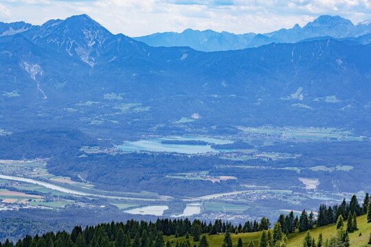 Beautiful landscape over Lake Faak surrounded by the Gerlitzen Alps in Austria