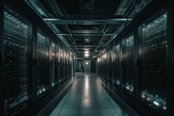 Fototapeta na wymiar Data center hallway with racks and supercomputers, projecting internet connection visualization. Generative AI
