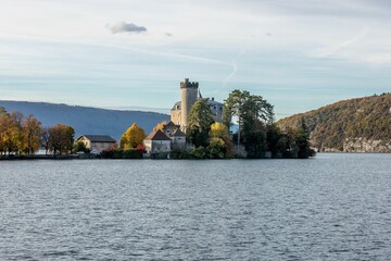 Scenic view of the Duingt Castle on the edge of the tranquil Annecy lake in France