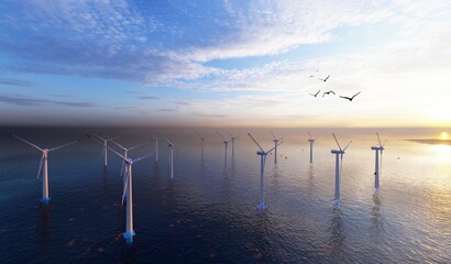 8k Ultra HD. 7640x4320. Ocean Wind Farm. Windmill farm in the ocean. Offshore wind turbines in the sea. Wind turbine from aerial view. - obrazy, fototapety, plakaty