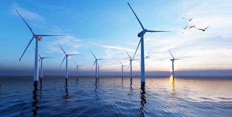 Offshore wind turbines farm on the ocean. Sustainable energy production, clean power. Close-up wind turbine. 3D Rendering.