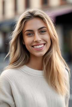 Headshot of a beautiful blond smiling young woman looking at the camera in a city street. Generative AI