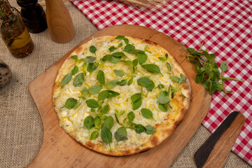 Brazilian pizza with cheese, mozzarella and basil